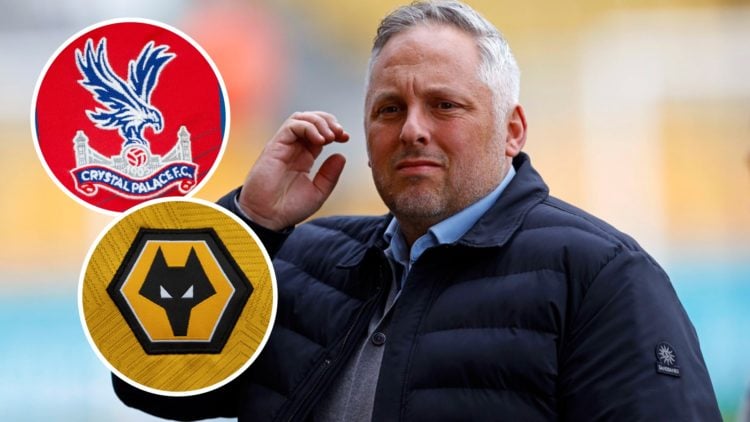 Matt Hobbs looks on before a Premier League clash between Wolves and Tottenham, Crystal Palace badge and Wolves badge inset