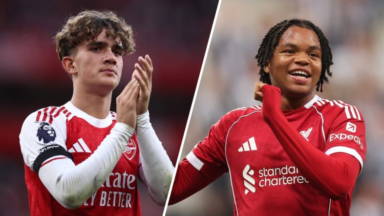 Split image of (L) Max Dowman applauding the fans after an Arsenal game and (R) Rio Ngumoha celebrating after scoring his first goal for Liverpool