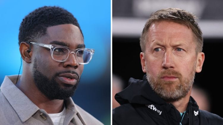 Split image of (L) Micah Richards looking on while working as a pundit and (R) Graham Potter watching on during a West Ham game