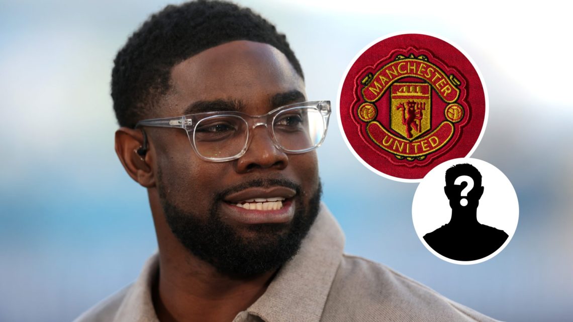 Micah Richards covering the Premier League clash between Manchester City and Wolves, Manchester United badge and mystery figure inset