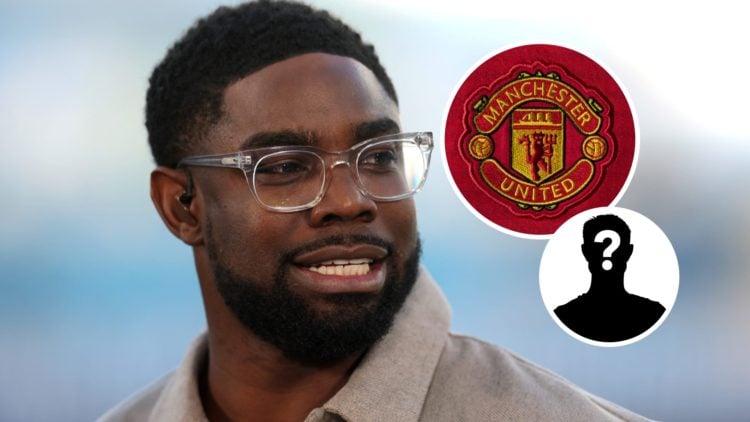 Micah Richards covering the Premier League clash between Manchester City and Wolves, Manchester United badge and mystery figure inset