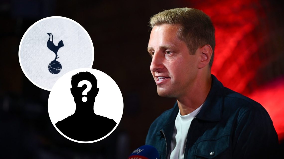 Sky Sports pundit Michael Dawson looks on. Inset, a mystery player icon and the Tottenham Hotspur badge on a white home shirt.