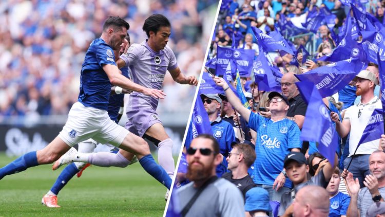A split image of Everton defender Michael Keane in action against Brighton and Hove Albion (L) and Everton fans at the Hill Dickinson Stadium (R)