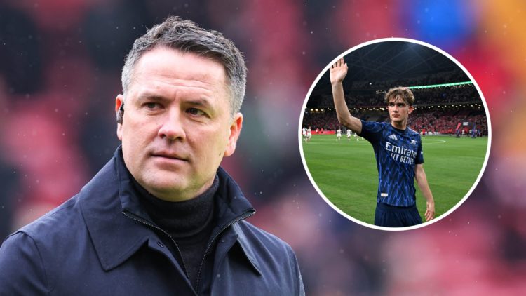 Image of Michael Owen looking on while working as a pundit, with an inset of Max Dowman acknowledging the fans after an Arsenal game