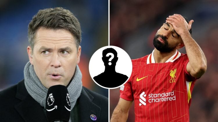 Split image of (L) Michael Owen looking on while working as a pundit and (R) Mohamed Salah looking dejected during a Liverpool game
