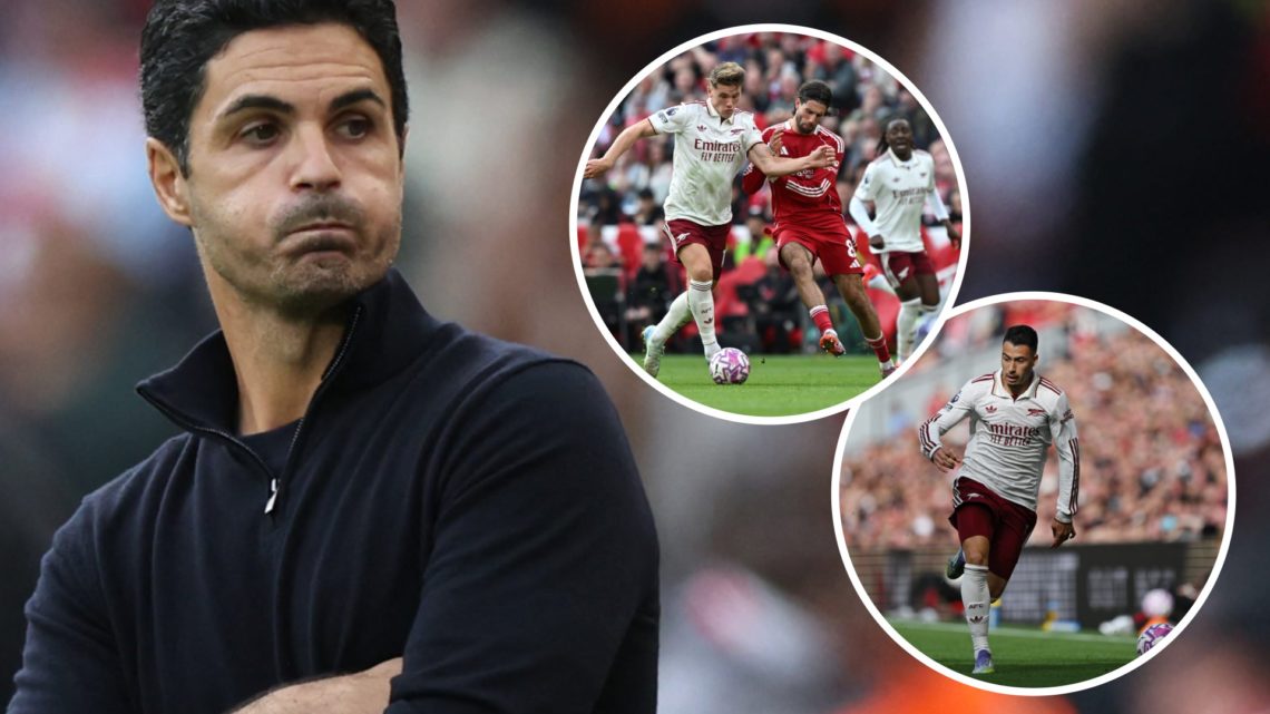 Mikel Arteta (left) looks dejected, Gabriel Martinelli and Viktor Gyokeres split image