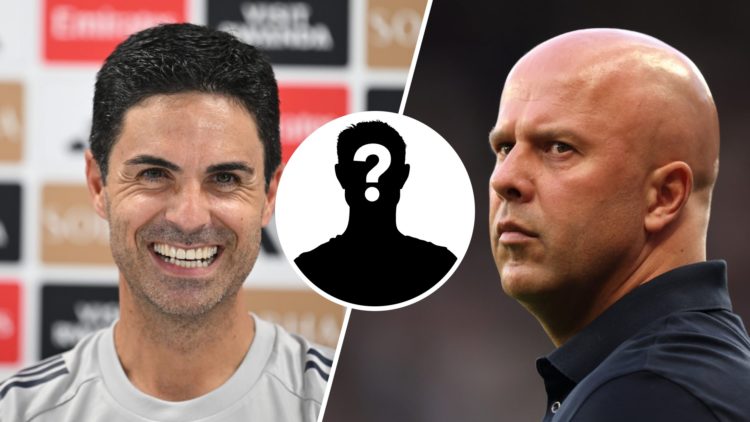 A split image of Arsenal boss Mikel Arteta (L) and Liverpool boss Arne Slot (R). Inset, a mystery player icon.