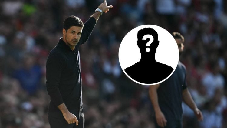 Arsenal boss Mikel Arteta looks on against Manchester United. Inset, a mystery player icon.