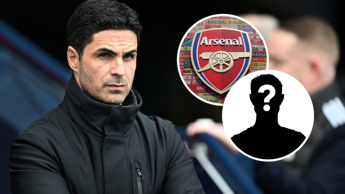 Arsenal boss Mikel Arteta looks on against Manchester City. Inset, the Arsenal badge and a mystery player icon.