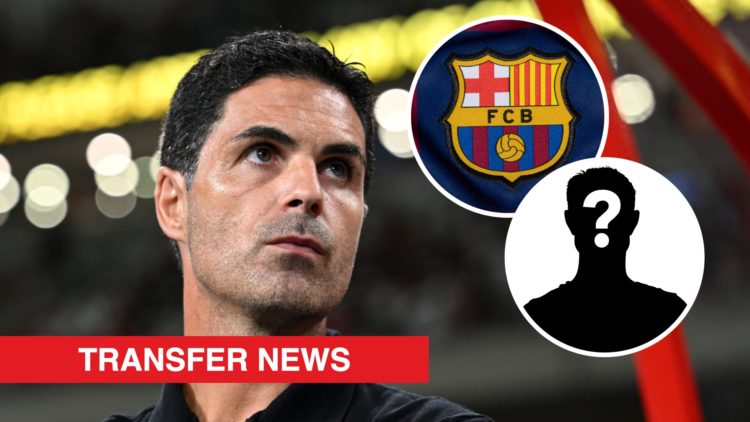 Arsenal boss Mikel Arteta looks on. Inset, the Barcelona badge and a mystery player icon