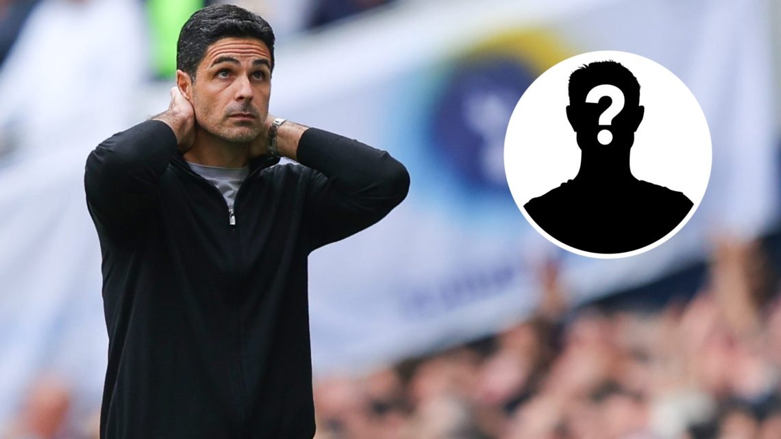 Image of Arsenal manager Mikel Arteta looking dejected during a game against Tottenham, with an inset of a mystery player