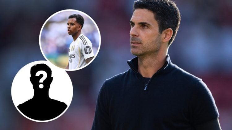 Arsenal manager Mikel Arteta during the Premier League match between Manchester United and Arsenal at Old Trafford (Right) Rodrygo of Real Madrid d...