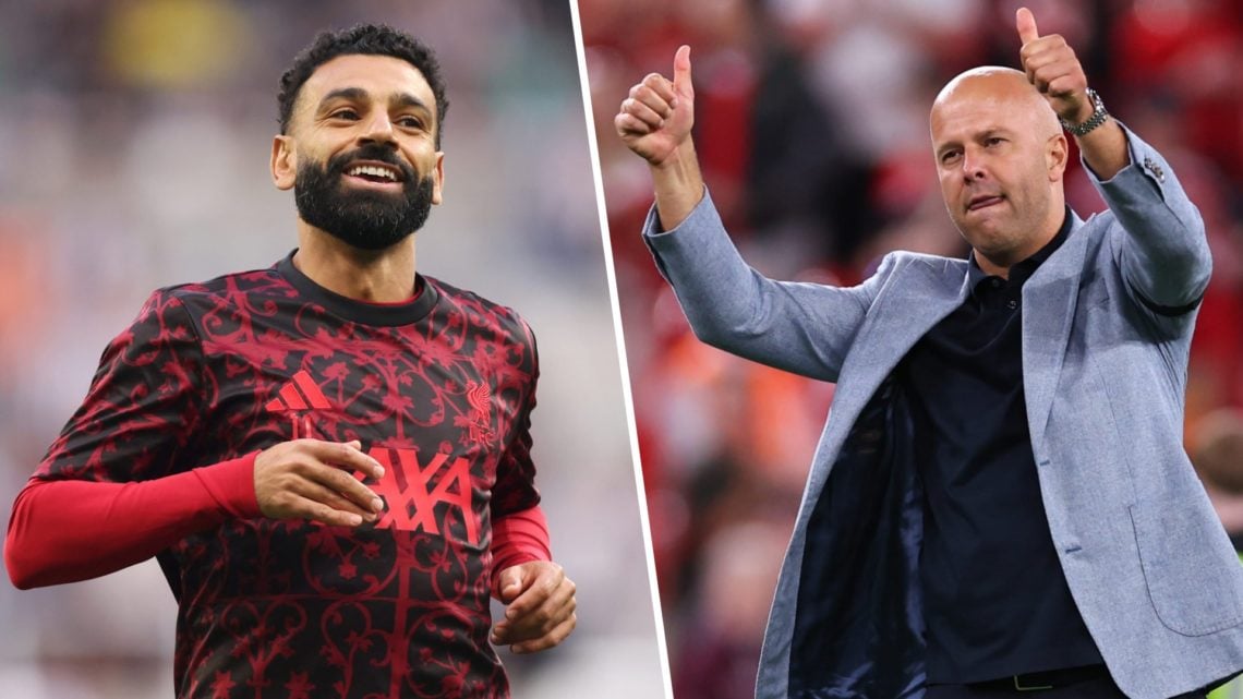 Mohamed Salah of Liverpool reacts during the warm up prior to the Premier League match between Newcastle United and Liverpool at St James' Park (Le...