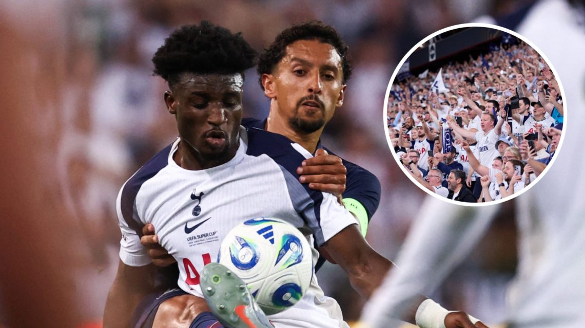 Mohammed Kudus during Paris Saint Germain vs Tottenham Hotspur in the UEFA Sper Cup Final 2025. Inset of Tottenham fans.