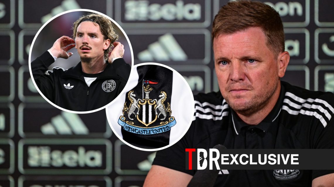 Eddie Howe during a Newcastle United press conference, Nick Woltemade, Newcastle badge, TBR logo and exclusive label inset