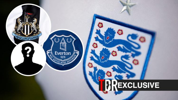 England national football team badge, Everton badge, Newcastle badge, mystery figure, TBR logo and exclusive label inset