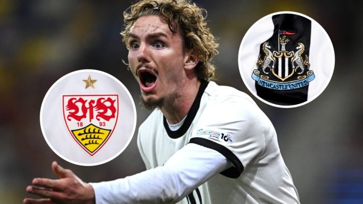Nick Woltemade in action for Germany at the UEFA European U21 Championship, VfB Stuttgart badge and Newcastle badge inset