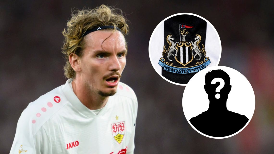 Stuttgart striker Nick Woltemade looks on. Inset, the Newcastle United badge and a mystery player icon