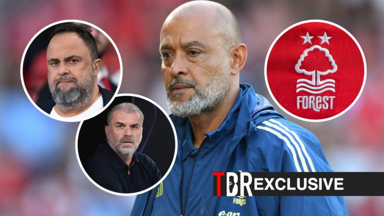 Nuno Espirito Santo managing Nottingham Forest, TBR logo, exclusive label, Nottingham Forest badge, Evangelos Marinakis and Ange Postecoglou inset