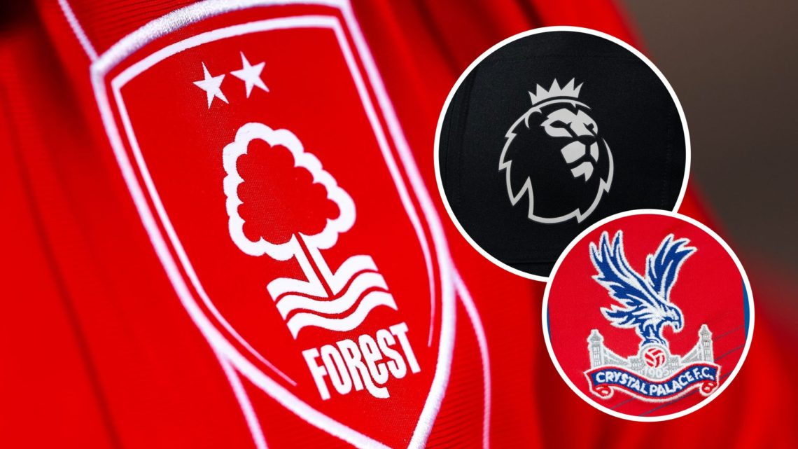 Image of the Nottingham Forest badge, Premier League logo and Crystal Palace badge inset