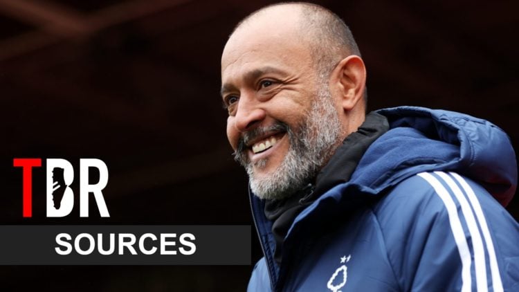 Image of Nottingham Forest manager Nuno Espirito Santo smiling, overlaid a TBR Sources banner