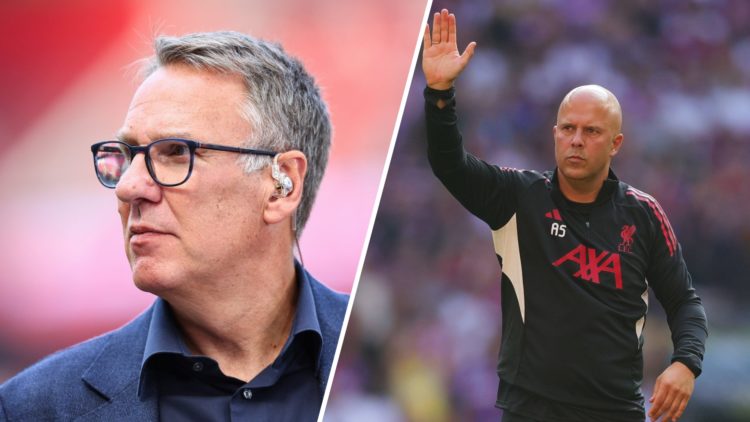 A split image of pundit Paul Merson (L) and Liverpool boss Arne Slot (R)