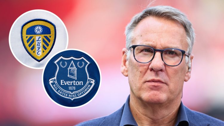 Pundit Paul Merson ahead of Manchester United v Arsenal. Inset, the Leeds United badge and the Everton badge