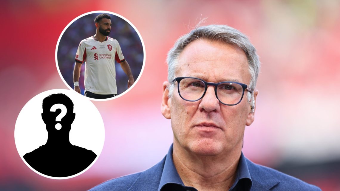 Paul Merson working as a pundit for Sky Sports ahead of the Premier League match between Manchester United and Arsenal FC at Old Trafford (Centre) ...