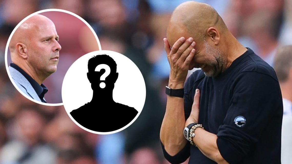 Pep Guardiola, Arne Slot (inset, left), mystery player (inset, right_