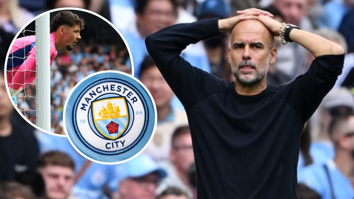 Pep Guardiola, James Trafford (inset, top), Manchester City badge (inset, bottom)