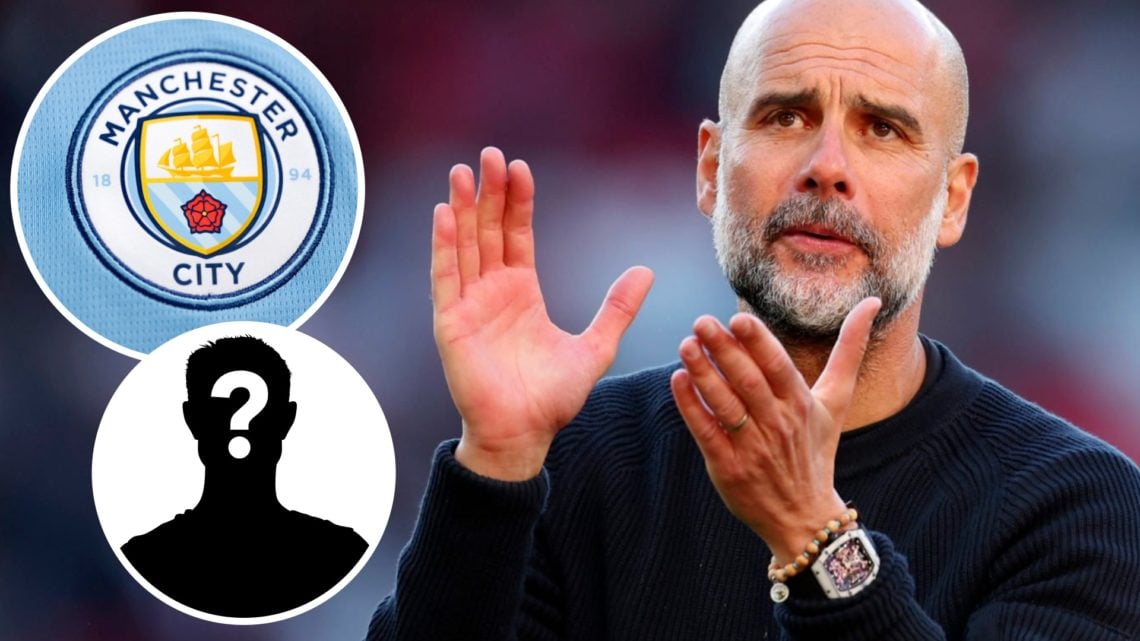 Pep Guardiola, Manchester City badge (inset, top), mystery player (inset, bottom)