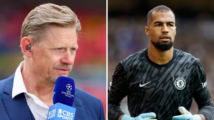 Split image of Peter Schmeichel working as a pundit and Robert Sanchez before a Chelsea game