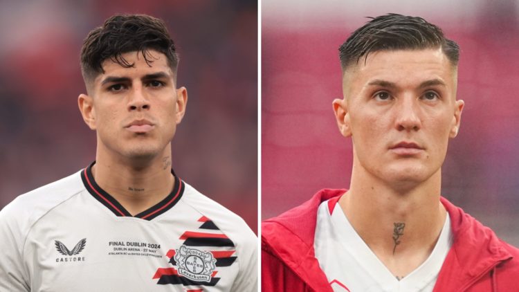 Split image of (L) Piero Hincapie and (R) Benjamin Sesko looking on before Bayer Leverkusen and RB Leipzig matches respectively