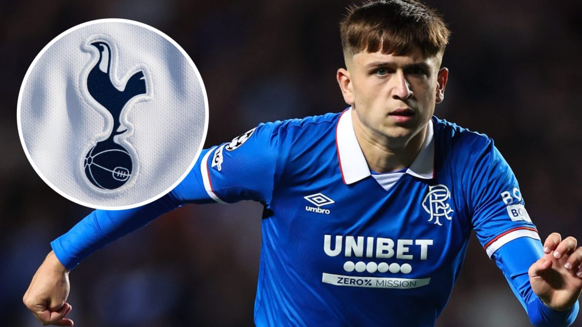 Rangers winger Mikey Moore making his Champions League debut. Inset of Tottenham Hotspur badge.
