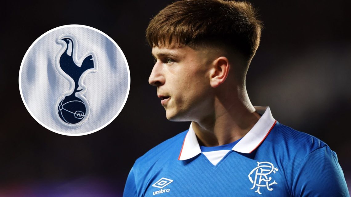 Rangers winger Mikey Moore in Champions League action. Inset of Tottenham Hotspur badge.