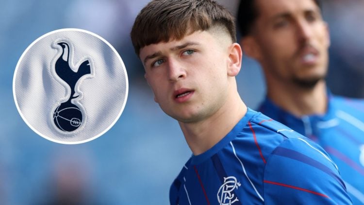 Rangers winger Mikey Moore ahead of Celtic match. Inset of Tottenham Hotspur badge.