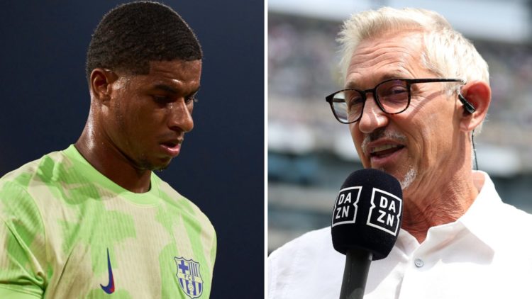 Marcus Rashford (left) of Barcelona looks on, Gary Lineker (right) speaks on commentary