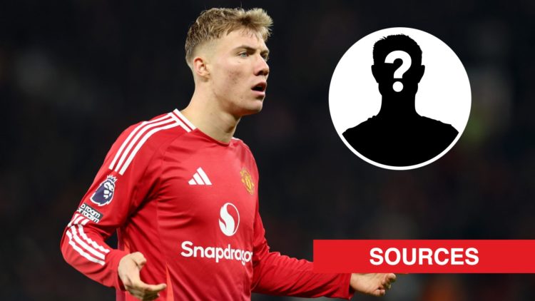 Manchester United striker Rasmus Hojlund in action against Chelsea. Inset, a mystery player icon.
