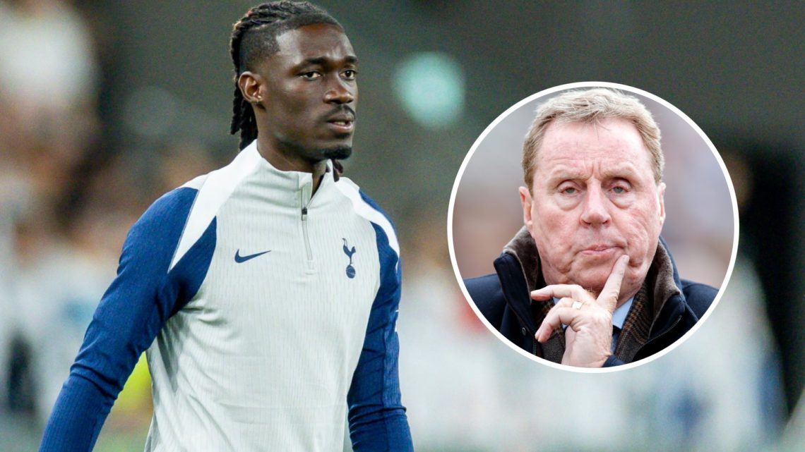 Yves Bissouma during Tottenham training alongside an image of Harry Redknapp.