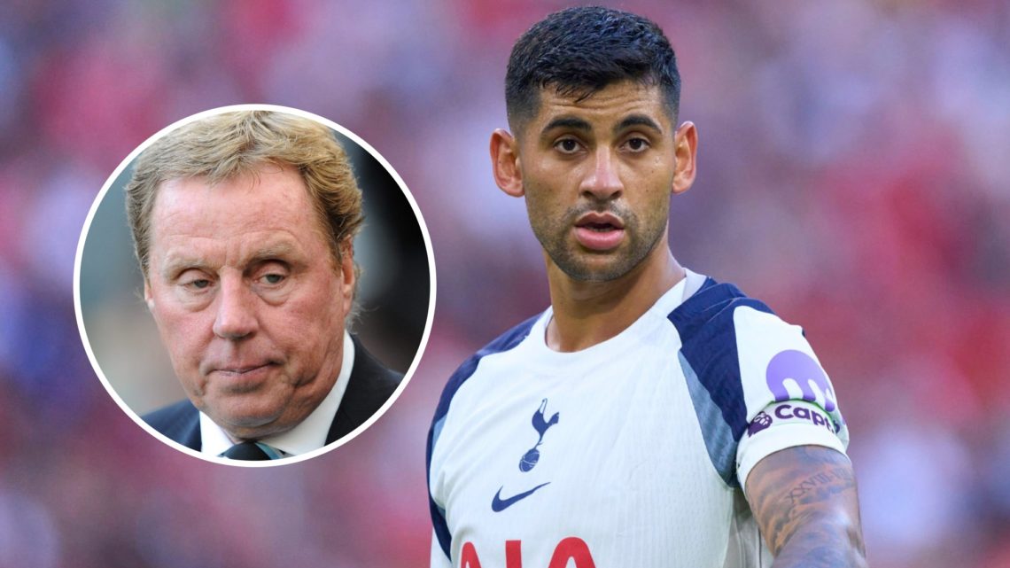 Cristian Romero wears the captain armband for Tottenham alongside an inset of Harry Redknapp.
