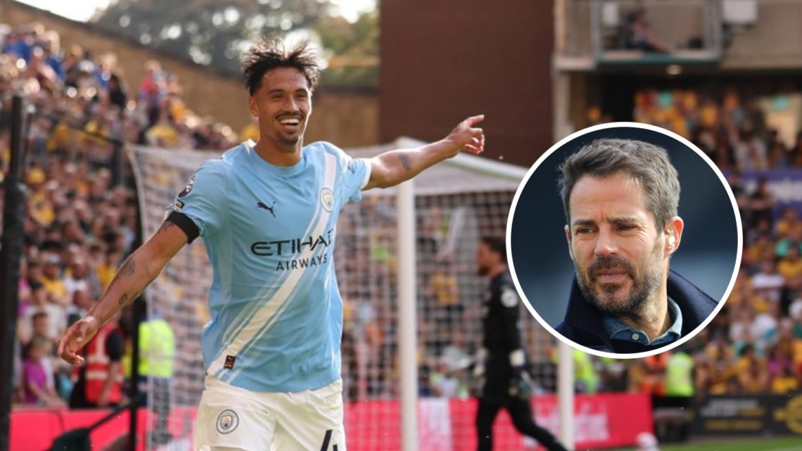 Main: Tijjani Reijnders celebrates for Manchester City after scoring in the Premier League against Wolves. Inset: Jamie Redknapp working as a pundi...