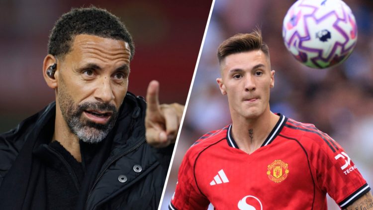 A split image of pundit Rio Ferdinand looking on before Nottingham Forest v Liverpool (R) and Manchester United forward Benjamin Sesko in action ag...