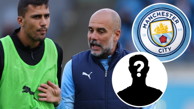 Rodri and Pep Guardiola, Man City badge (inset, top), mystery player (inset, bottom)