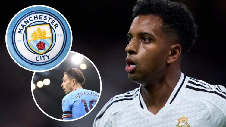 Rodrygo, Jack Grealish (inset, bottom), Manchester City badge (inset, top)