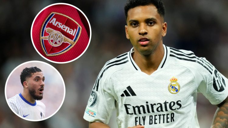 Rodrygo, Rayan Cherki (inset, top), Arsenal crest (inset, bottom)