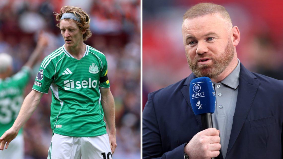 Anthony Gordon plays for Newcastle (left), Wayne Rooney speaks on commentary (right)
