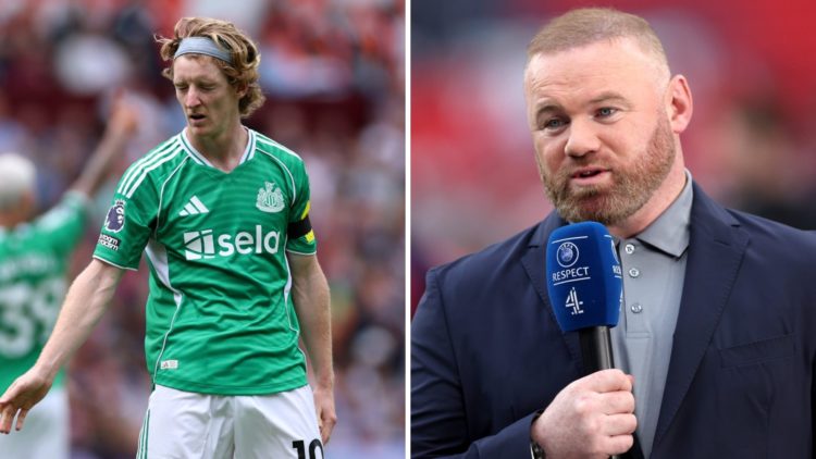 Anthony Gordon plays for Newcastle (left), Wayne Rooney speaks on commentary (right)