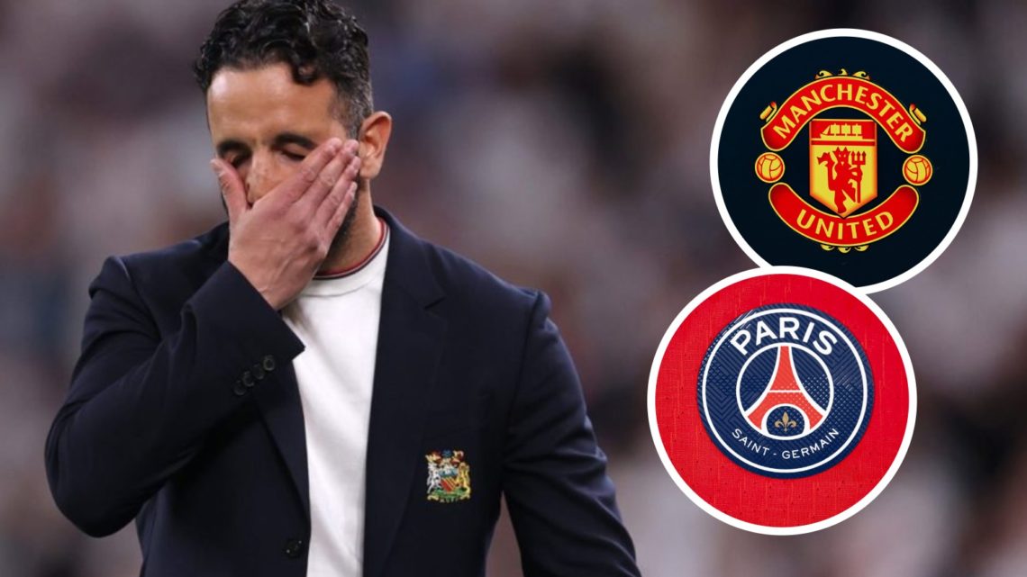 Ruben Amorim, Manchester United badge (inset, top), Paris Saint-Germain badge (inset, bottom)