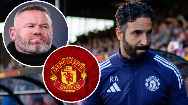Ruben Amorim, Wayne Rooney (inset, top), Manchester United badge (inset, bottom)