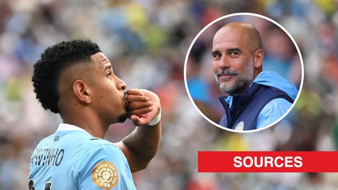 Manchester City's Savinho celebrates. Inset, Manchester City boss Pep Guardiola and a red banner with 'sources' in white text.